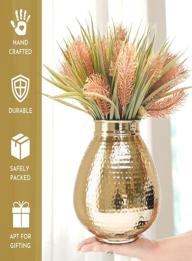 Behoma Matki Shape Metal Vase for Home Decor, Hammered Flower Pot for Office Table Decorations, Modern vases, Gift for Diwali Ganpati Onaml, 8 inches, Golden 1 Pc (Flowers not Included) - Image 2
